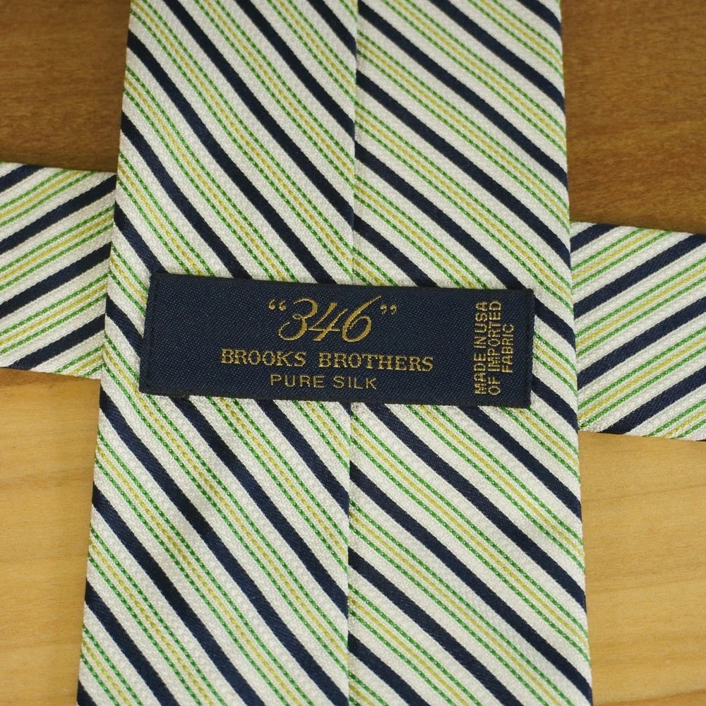 Brooks Brothers Necktie Men‎ Green Navy White Yellow Striped Pure Silk USA Made